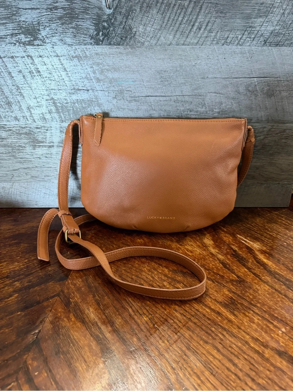 Lucky Brand Brown Pebble Leather Curved Bottom Half Moon Shaped Crossbody